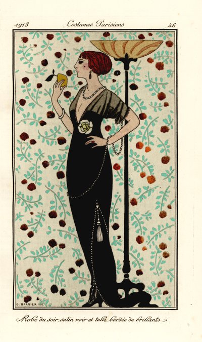 Kobieta w wieczorowej sukni z czarnej satyny i tiulu, obszytej brylantami. Szata de soir satin noir et tulle, bordee de brillants. Ręcznie kolorowany pochoir (szablon) akwaforta według ilustracji George