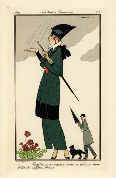 Kobieta w kolorze zielonym ratine i czarnym aksamicie. autorstwa Georges Barbier