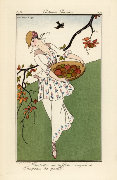Kobieta w słomkowym kapeluszu i sukience z drukowanej tafty. autorstwa Georges Barbier