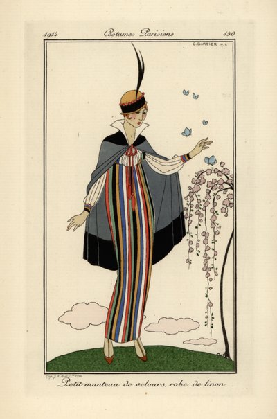 Kobieta w lnianej sukience w paski z krótkim aksamitnym płaszczem. autorstwa Georges Barbier