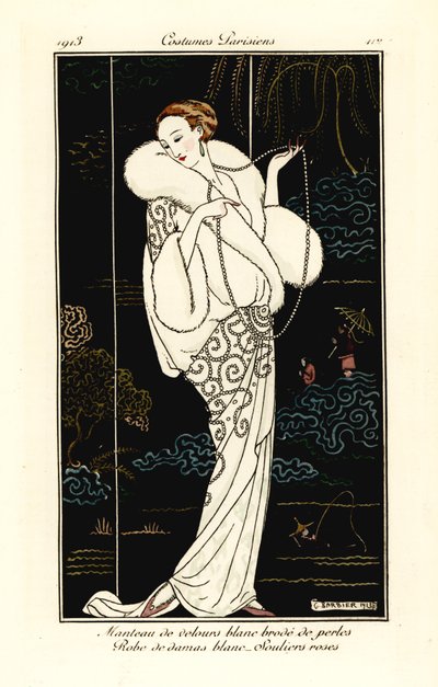 Kobieta w aksamitnej pelerynie, adamaszkowej sukience i różowych kapciach. autorstwa Georges Barbier