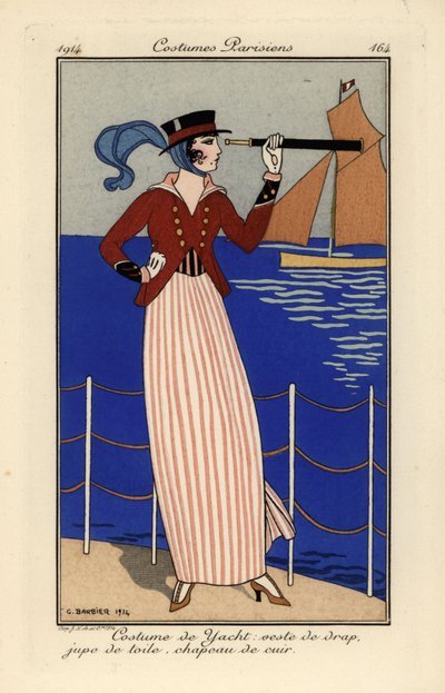 Kobieta trzyma teleskop w żeglarskim stroju. autorstwa Georges Barbier