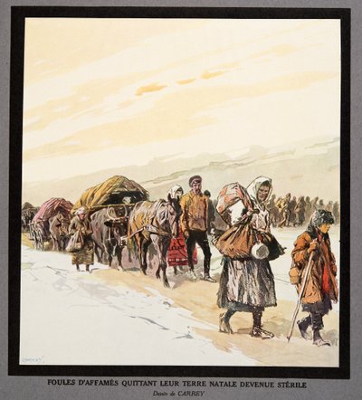 Exodus głodnych ludzi z ich ojczyzny, z Histoire des Soviets, pub. 1922 (kolorowa litografia) autorstwa Georges Carrey