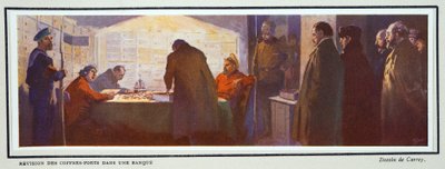 Wnętrze skarbca bankowego podczas rewolucji, z Histoire des Soviets, pub. 1922 (kolorowa litografia) autorstwa Georges Carrey