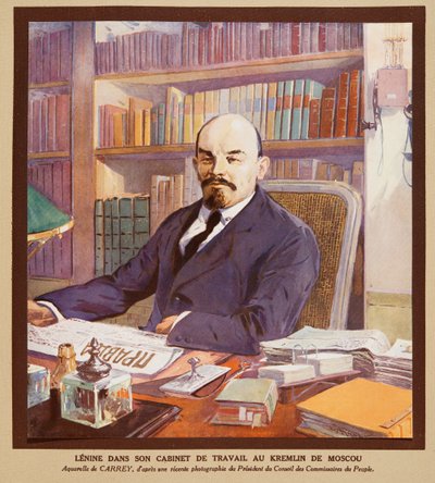 Lenin w swoim biurze na Kremlu w Moskwie, z Histoire des Soviets, wyd. 1922 (kolorowa litografia) autorstwa Georges Carrey
