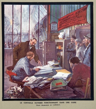 Kontrola robotnicza działająca w sowieckiej fabryce w czasie rewolucji w 1917 r., z Histoire des Soviets, pub. 1922 (kolorowa litografia) autorstwa Georges Carrey