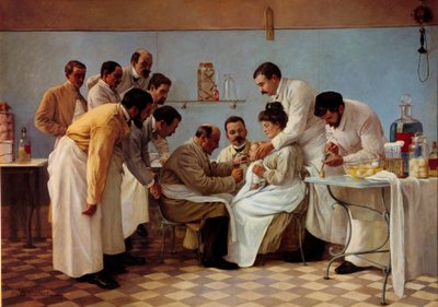Lek: „”Osłonka””” Wprowadzenie rurki ma dziecko z błonicą. Obraz Georgesa Chicotota (czynny w latach 1899-1907). XX wieku niedz. 1,3x1,8 m Musee de l