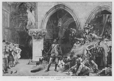 Francuscy żołnierze obozowali przed Pałacem Dożów w Wenecji, Francuskie Wojny Rewolucyjne autorstwa Georges Clairin