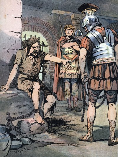 Wojna galijska: „” galijski wojownik Wercyngetoryks uwięziony w rzymskiej broni Juliusza Cezara w więzieniach Tullianum, 46 pne” (wojny galijskie: więzień Wercyngetoryksa w więzieniu mamertyńskim w Rzymie po jego klęsce z Juliuszem Cezarem, 46 pne) autorstwa Georges Conrad