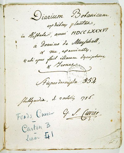 Strona tytułowa „Diarium Botanicum” z podpisem Cuvier autorstwa Georges Cuvier