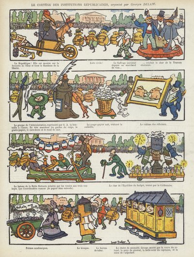 Procesja instytucji republikańskich. Ilustracja do Le Rire autorstwa Georges Delaw