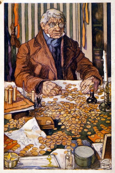 Le pere Grandet liczący swoje pieniądze - ilustracja w „Eugenie Grandet” autorstwa Honore de Balzac, coll. Idealna biblioteka autorstwa Georges Dupuis