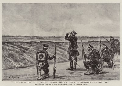 Wojna na Wschodzie, japońscy harcerze piechoty przeprowadzają rekonesans w pobliżu Ping Yang autorstwa Georges Ferdinand Bigot