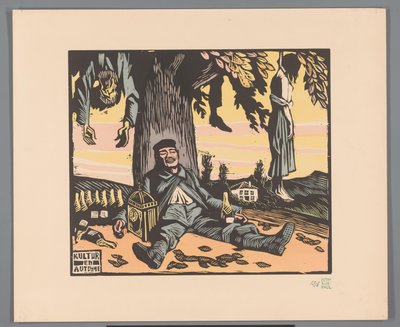 Żołnierz leżący pod drzewem z wisielcami Kultur en automne (tytuł na obiekcie) autorstwa Georges Hermann Rene Paul