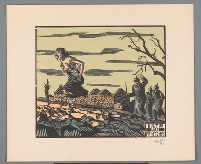 Kobieta ucieka półnaga przed trzema żołnierzami przez pole Kultur au printemps (tytuł na obiekcie) autorstwa Georges Hermann Rene Paul