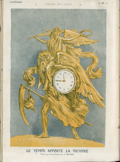 Ilustracja Georgesa Meuniera (1869-1934) w „”Fantasio”””, 01.04.15 - Czas przynosi zwycięstwo - Wojna 14-18, Zwycięstwo - Czas (alegoria), Zwycięstwo (alegoria) - Alegoria autorstwa Georges Meunier