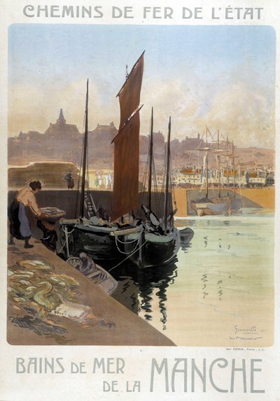 Les bains de mer de la Manche (Widok na port Granville) - Plakat Kolei Państwowych, autor: Meunier autorstwa Georges Meunier