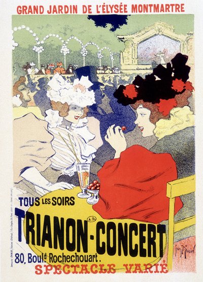 Koncert Trianon, codzienny pokaz w wielkim ogrodzie Elysee Montmartre (Elysee-Montmartre) w Paryżu. Plakat Georgesa Meuniera autorstwa Georges Meunier