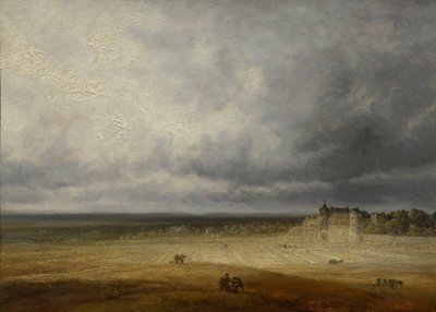 Krajobraz z zaoranym polem i wsią, prawdopodobnie po 1827 r. autorstwa Georges Michel