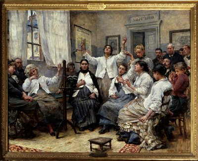 Fascynacje Miłosierdzia (służba doktora Luysa). Scena w Hôpital de la Charite w Paryżu: pacjenci z histerią i innymi chorobami psychicznymi są obserwowani przez lekarzy z tyłu sali. Na ścianie plakat o metodach hipnozy jako leczeniu autorstwa Georges Moreau de Tours