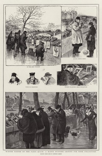 Sceny zimowe na Paryskim Quais, szczęśliwym terenie łowów kolekcjonerów książek autorstwa Georges Redon