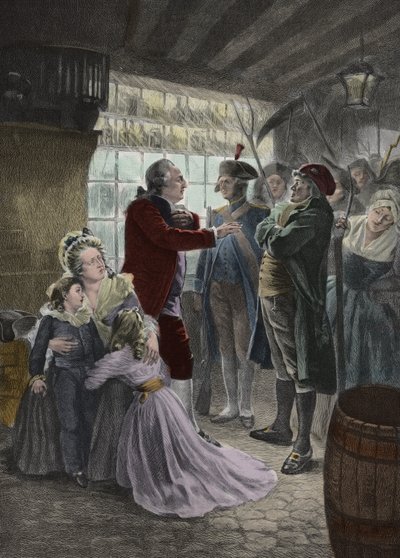Rewolucja francuska: 21 czerwca 1791 r. Rodzina królewska (Ludwik XVI król Francji, królowa Maria Antonina i ich dwoje dzieci, siostra króla Elżbieta i guwernantka dzieci) dopadła w zajeździe w Varennes (Varennes-en-Argonne) podczas ten autorstwa Georges Roussin