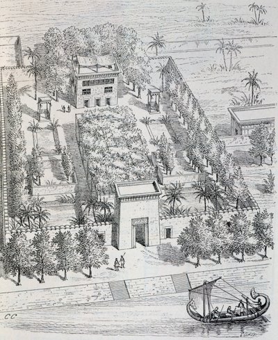 Widok egipskiej willi nad Nilem, rekonstrukcja Chipieza, z Historii sztuki w starożytności (Egipt, Asyria, Persja, Azja Mniejsza, Grecja, Etruria, Rzym) autorstwa Georges and Chipiez Charles Perrot