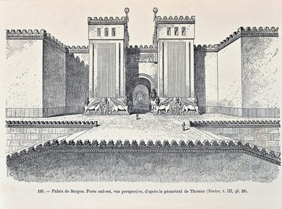 Rekonstrukcja południowo-wschodniej bramy Pałacu Sargona w Dur-Sharrukin („Twierdza Sargona”), dziś Chorsabad (akwaforta) autorstwa Georges and Chipiez Charles Perrot
