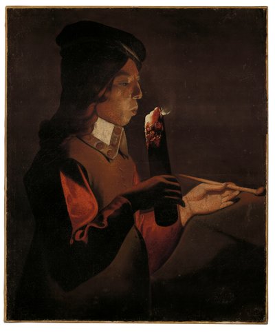 Młody chłopak z fajką dmuchający na podpałkę (olej na płótnie) autorstwa Georges de La Tour