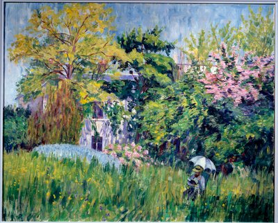 Ogród Bonnieres Czytelnik ma pod parasolem w wysokiej trawie. Obraz Georgette Agutte (1867-1922) 1909-1910. Olej na płótnie, 81 x 100 cm. Grenoble, musee des Beaux Arts - Ogród w Bonnieres. Czytelnik pod parasolem w wysokiej trawie. Rocznie autorstwa Georgette Agutte