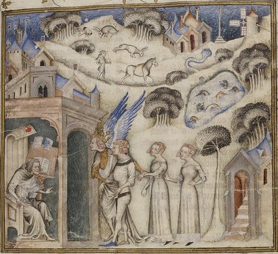 Amour prowadzący swoje dzieci Słodka Myśl, Przyjemność i Nadzieja do Guillaume de Machaut, przez Mistrza Biblii Jeana de Sy 1372-77 (42374611771) autorstwa Georgia Levan Ramishvili from Tbilisi