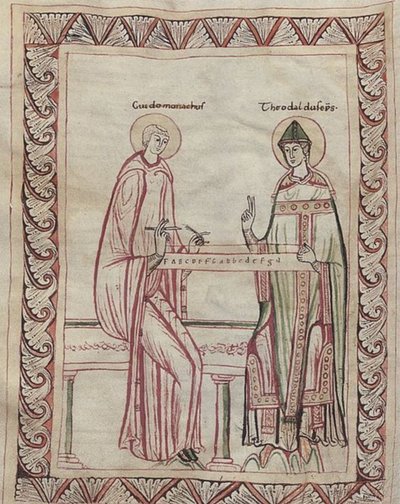 Guido z Arezzo i biskup Tedald pracujący nad monochordem, miniatura z XI wieku (21954743795) autorstwa Georgia Levan Ramishvili from Tbilisi