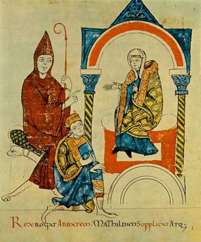 Król - Święty Cesarz Rzymski Henryk IV - modli się do opata - Hugh z Cluny - i błaga Matyldę - z Canossy -, z Vita Mathildis, ok. 1115 r. (34295963116) autorstwa Georgia Levan Ramishvili from Tbilisi
