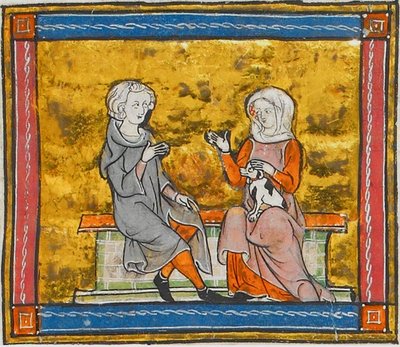 Lancelot rozmawiający z damą trzymającą małego czarno-białego psa, z Morte Artu, ok. 1315-1325 (41067329535) autorstwa Georgia Levan Ramishvili from Tbilisi