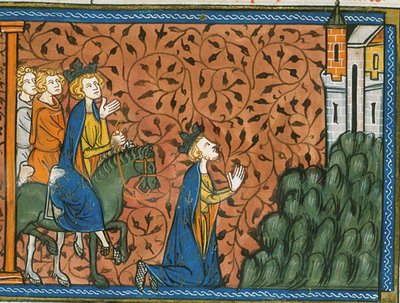 Ludwik IX podczas pielgrzymki do Nazaretu, z Chroniques de France ou de St Denis, XIV wiek (22528526100) autorstwa Georgia Levan Ramishvili from Tbilisi