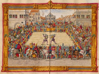 Marszałek Wilhelm von Dornsberg i Theodor Haschenacker pojedynkujący się na rynku wina w Augsburgu, z Fechtbucher autorstwa Jörga Breu Młodszego, ok. 1544 r. (48108343966) autorstwa Georgia Levan Ramishvili from Tbilisi