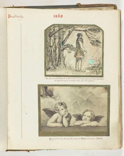 Bez tytułu [człowiek w deszczu i dwa aniołki], 1868. autorstwa Georgina Cowper