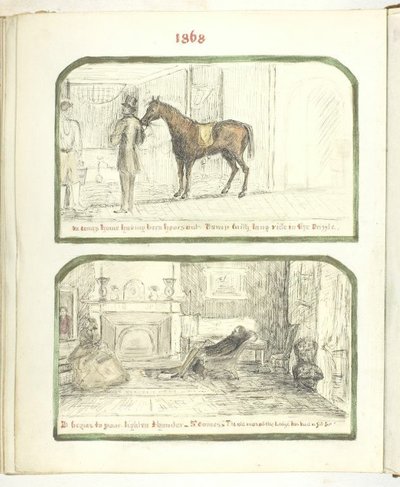 Bez tytułu [mężczyzna z koniem i para odpoczywająca przy ognisku], 1868. autorstwa Georgina Cowper