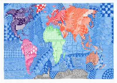 Mapa świata, 2015 (tusz na brystolu) autorstwa Georgina Naisbitt