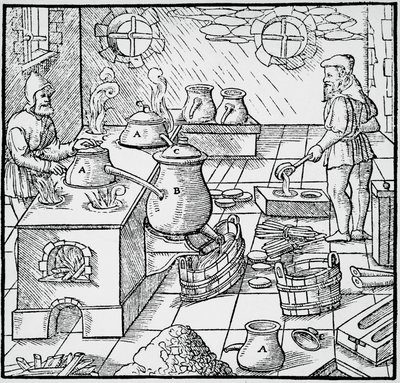Rycina z De re metalica (O naturze metali) autorstwa Georga Pawera lub Georgiusa Agricoli (1494-1555), opublikowana w Bazylei autorstwa Georgius Agricola