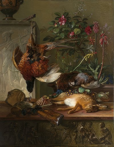 Martwa natura z dziczyzną i grecką stelą: Alegoria jesieni. 1818 autorstwa Georgius Jacobus Johannes van Os