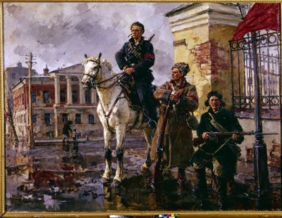 Rewolucja rosyjska października 1917 r .: „pierwsze dni października” (Pierwsze dni października). Zdobycie Pałacu Zimowego w Sankt Petersburgu 25 października 1917 r., szturm prowadzony przez czerwonogwardzistów i bolszewików. Malarstwo George