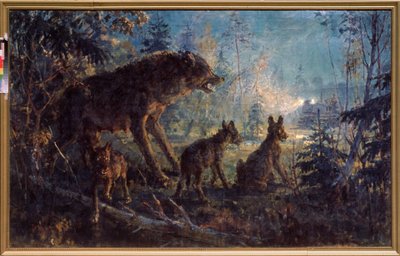 Spotkanie w lesie (Wilk i jej młode naprzeciw traktora, w nocy) - Spotkanie w lesie - Obraz George