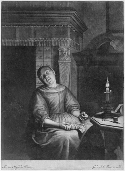 Śpiąca dziewczyna z robótkami na kolanach, koniec XVII-początek XVIII wieku. autorstwa Gerald Valck