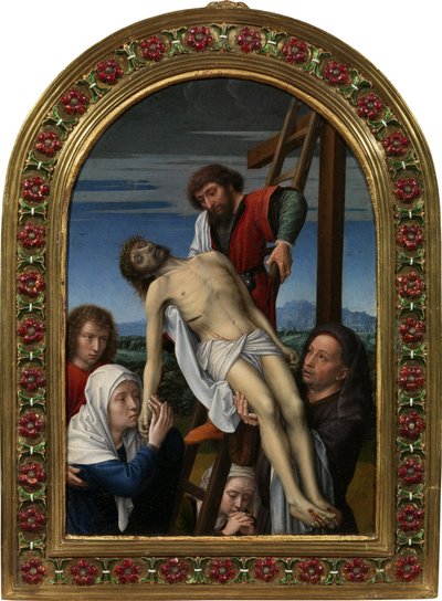 Zejście z krzyża (Józef z Arymatei, Nikodem, Apostoł Jan, Maria Magdalena, Dziewica i umarły Chrystus) - Zejście z krzyża Dawida, Gerarda (ok. 1460-1523). Olej na drewnie, format: 20x14, po 1500, Galleria degli Uffizi, Florencja autorstwa Gerard David