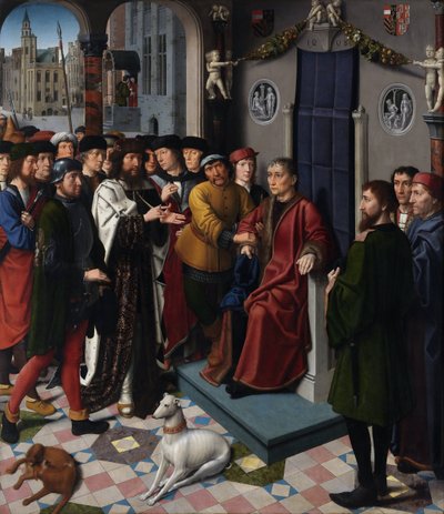Wyrok nad Kambyzesem (perski król Kambyzes II (zm. 522 p.n.e.) skazuje sędziego Sisamnesa na żywcem obdarty ze skóry, za wydanie wyroku w zamian za pieniądze) - Wyrok nad Kambyzesem (lewy panel) - Obraz Gerarda Davida (ok. 1460- 1523) - 149 autorstwa Gerard David