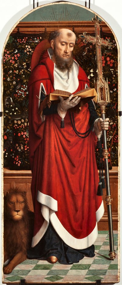 Panel poliptykowy św. Hieronima z kościoła San Gerolamo della Cervara - Obraz Gerarda Davida (ok. 1460-1523) 1506 Dim 65x150 cm Genes Musei di Strada Nuova (ex Palazzo Bianco) Włochy autorstwa Gerard David