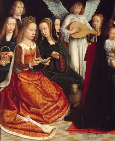 Dziewica wśród świętych. Szczegóły Saintes: Św. Dorothee, Św. Katarzyna, Św. Agnieszka, Św. Fausta. Obraz Gerarda Davida (1460-1523) Ec. Płomień. autorstwa Gerard David
