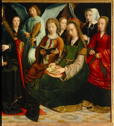 Dziewica wśród świętych. Szczegóły Saintes: Saint Apolline (lub Apollonia), Saint Godeline, Saint Cecile, Saint Barbe, Saint Lucia. Obraz Gerarda Davida (1460-1523) autorstwa Gerard David