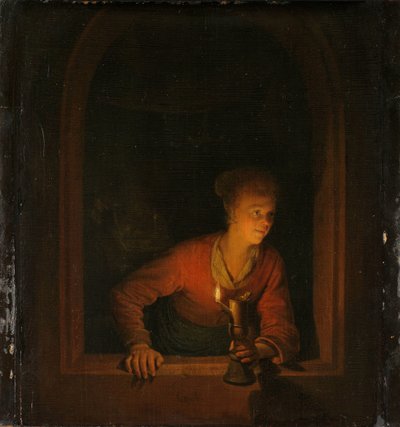 Dziewczyna z lampą naftową przy oknie autorstwa Gerrit Dou